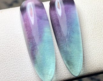 May include: Two polished, elongated gemstones with a gradient of colors. The stones transition from a deep purple at the top to a light blue-green at the bottom. The stones are smooth and translucent, with a glossy finish.