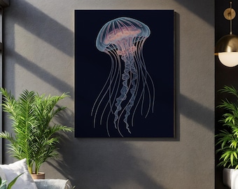 Jellyfish Canvas Wall Art, Bioluminescent Ocean Creature Illustration, Dark Sea Life Print, Scientific Marine Decor for Modern Coastal Homes