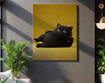 かわいい黒猫のキャンバスウォールアート、明るい黄色の背景に面白い怠け猫のイラスト、モダンな動物のホームデコレーションのための遊び心のあるペット愛好家のプリント