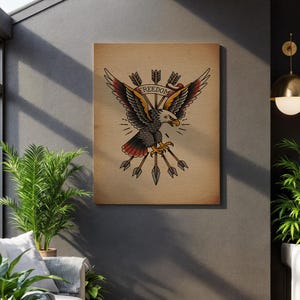 May include: A vintage-style canvas print featuring a detailed illustration of an eagle with outstretched wings. The eagle is depicted with black, red, and yellow feathers, holding arrows. The word "FREEDOM" is displayed on a banner above the eagle.