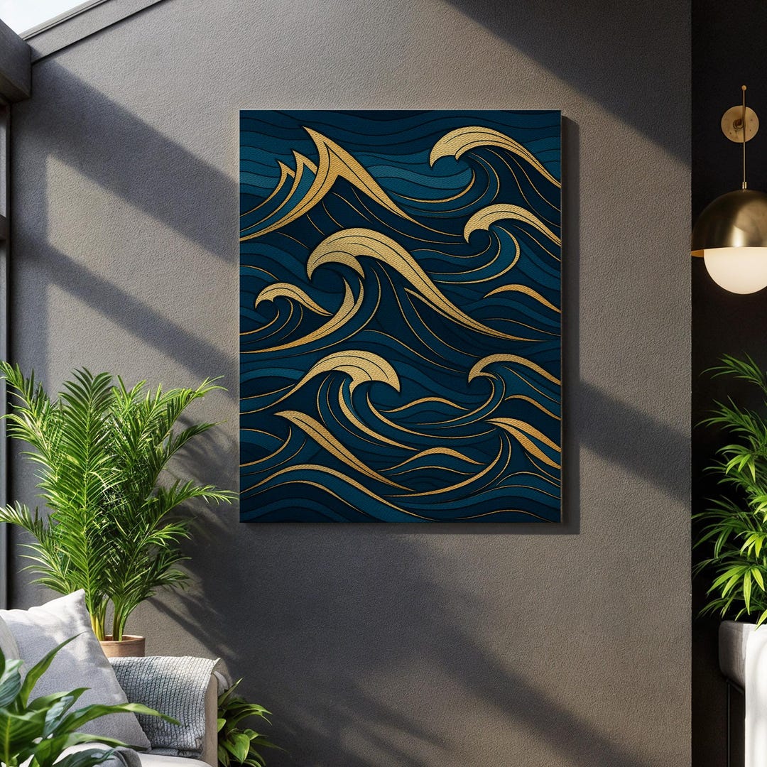 Abstract Ocean Wave Line Art Print, Gold and Navy Modern Wall Decor ...