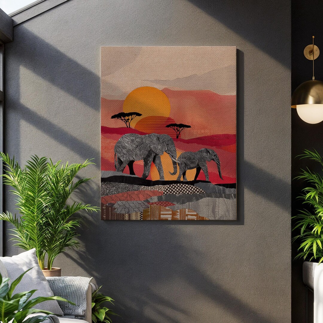 African Elephants Art, Savannah Sunset Print, Framed Wildlife Canvas ...