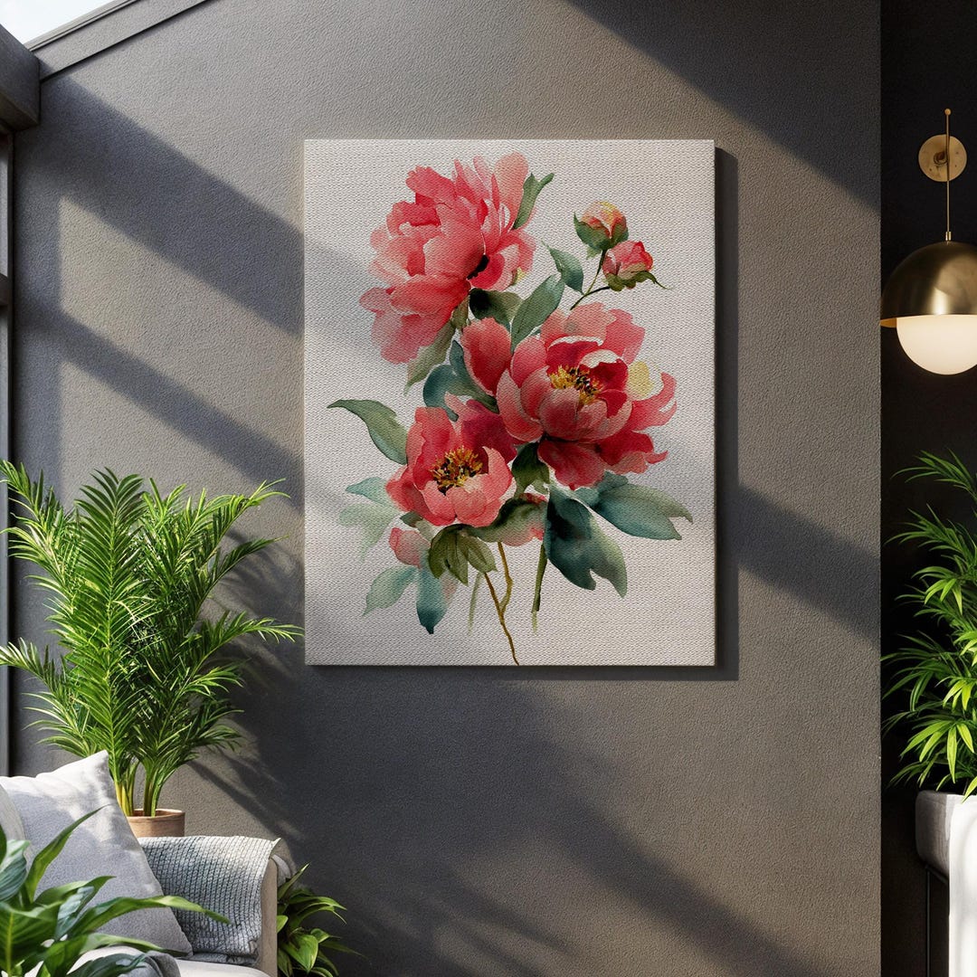 Peony Watercolor Wall Art, Elegant Pink Floral Canvas Print With Green ...