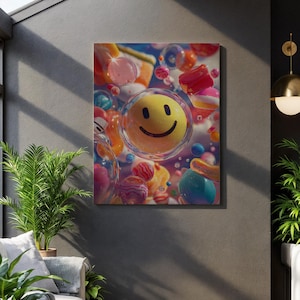 Smiley Face Candy Leinwand, Bunte Pop Art Wanddruck, Retro Fun Kunstwerk, Helle Glückliche Raum Dekor, Moderne lebendige Malerei für Home Office
