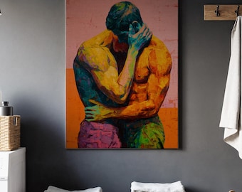 LGBTQ omarmen canvas kunst aan de muur, kleurrijk mannelijk stel figuratief schilderij, emotioneel Gay Pride-kunstwerk, ingelijst Bold Love decor voor thuis