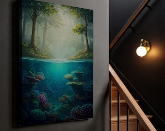 Wald und Ozean Split Leinwand Wandkunst, Über und Unterwasser Naturszene, surreale Landschaftsmalerei, gerahmte Kunst für ruhige Innenräume zu Hause