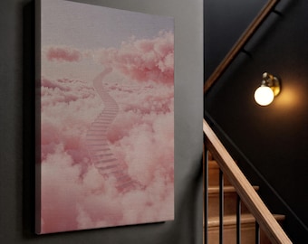 Heavenly Stairway Canvas Wall Art, Dreamy Pink Cloud Painting, Surreal Sky Decor Print, Framed Spiritual Artwork for Calm Interiors