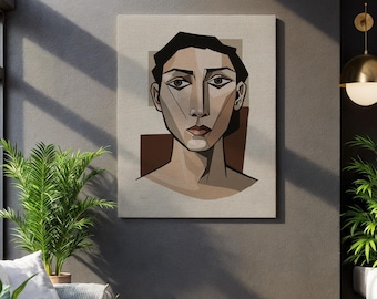 Kubistische Porträt Leinwand Wandkunst, moderne abstrakte Gesichtslinie Zeichnung, geometrische minimalistische Wohnkultur, modernes künstlerisches Geschenk für Kunstliebhaber