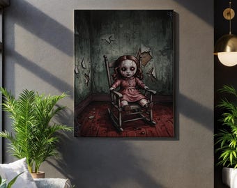 Creepy Doll Canvas Wall Art, Haunted Girl in Rocking Chair, Gothic Horror Print for Spooky Rooms, Distressed Grunge Halloween Decor Poster