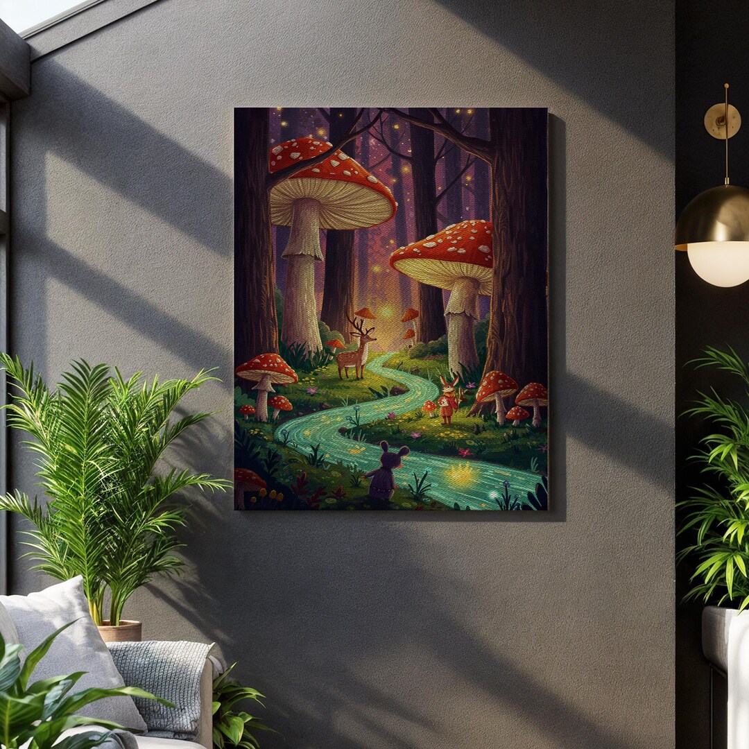 Whimsical Forest Canvas Wall Art, Fantasy Mushroom River Scene With ...
