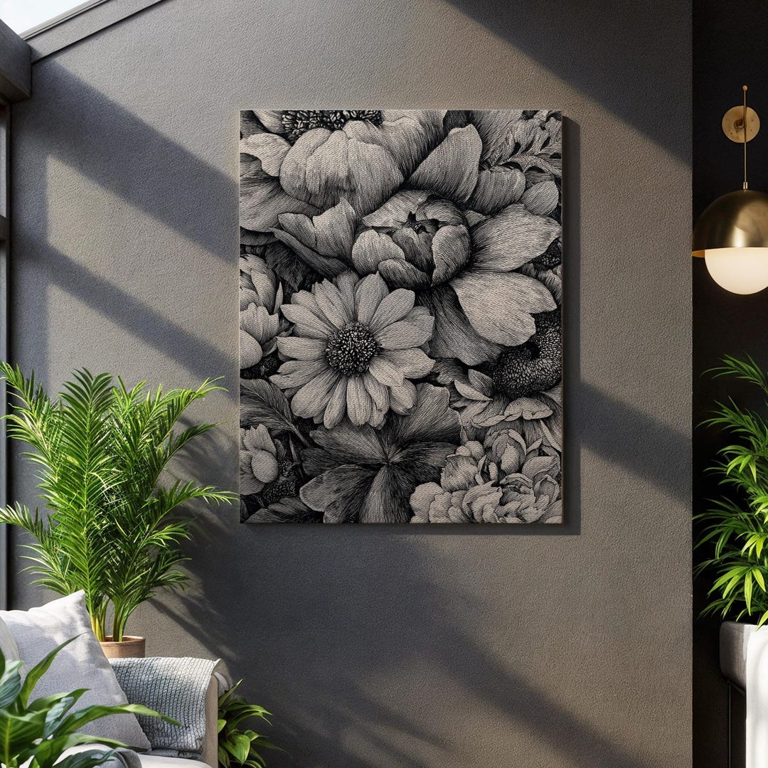 Black and White Floral Canvas Wall Art, Detailed Pen Sketch Flower ...