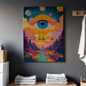Psychedelic Eye Art, Trippy Landscape Print, Framed Surreal Canvas, All Seeing Eye Decor, Colorful Forest Painting, Mystical Wall Art