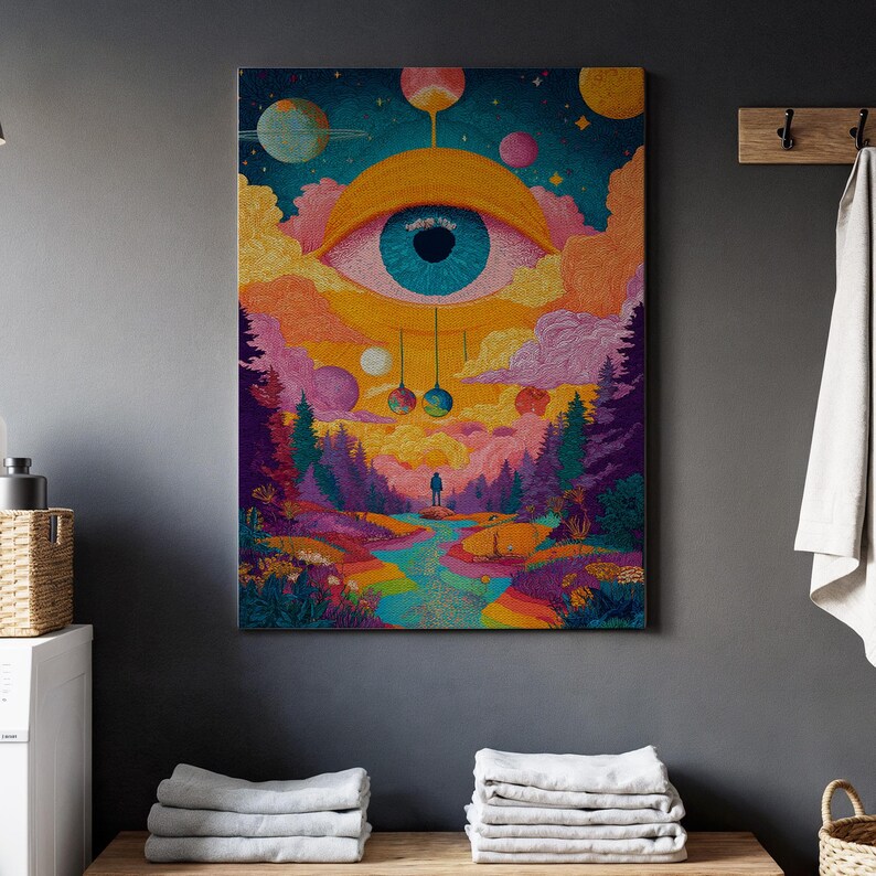 Psychedelic Eye Art, Trippy Landscape Print, Framed Surreal Canvas, All Seeing Eye Decor, Colorful Forest Painting, Mystical Wall Art