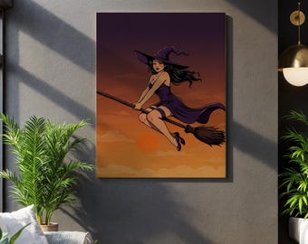Retro Witch Wall Art – Sexy Halloween Pin-Up Witch on Broom Canvas Print, Gothic Sunset Decor, Vintage Style Spooky Home Artwork