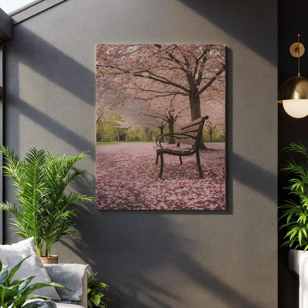 Cherry Blossom Park Bench Wall Art, Romantic Spring Canvas Print, Pink ...