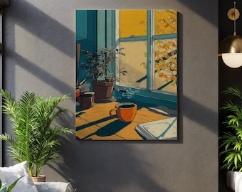 Cozy Coffee Window Art Print, Autumn Morning Sunlight and Steam, Serene Daily Ritual Canvas for Warm, Slow Living Inspired Wall Decor