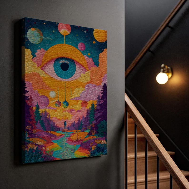 Psychedelic Eye Art, Trippy Landscape Print, Framed Surreal Canvas, All Seeing Eye Decor, Colorful Forest Painting, Mystical Wall Art
