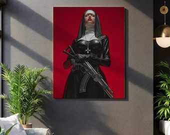 Gotische non met geweer kunst aan de muur, donkere religieus esthetische canvasafdruk, edgy vrouwelijk krachtportret voor alternatief huis- of studiodecor