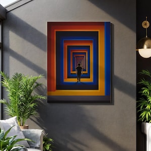 May include: A framed art print featuring a person walking into a series of colorful, receding rectangular frames. The artwork uses a palette of red, orange, yellow, blue, and black, creating a sense of depth and perspective. The person is a silhouette.