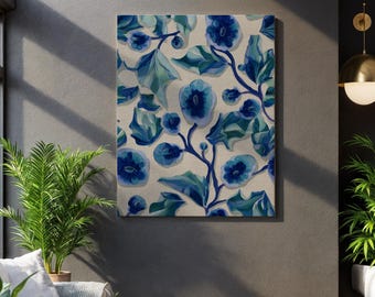 Niebieskie botaniczne dekoracje ścienne, nowoczesny kwiatowy wydruk na płótnie, granatowo-zielone dekoracje ścienne z liśćmi, dzieła sztuki inspirowane naturą, boho botaniczny akcent w domu