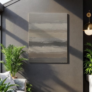 Neutral Abstract Canvas Wall Art, Textured Gray and Beige Layers, Modern Minimalist Framed Painting for Contemporary Home or Office Decor