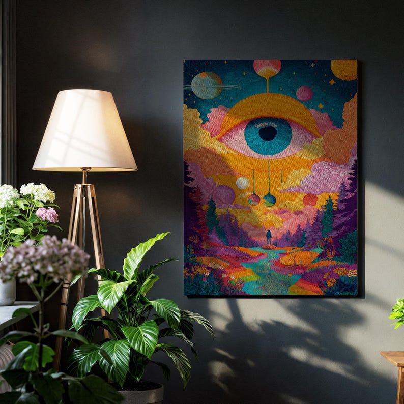 Psychedelic Eye Art, Trippy Landscape Print, Framed Surreal Canvas, All Seeing Eye Decor, Colorful Forest Painting, Mystical Wall Art