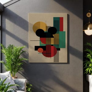 Geometric Abstract Canvas Wall Art, Bold Modern Shapes in Red, Black, Yellow and Teal, Mid Century Bauhaus Style Print for Modern Decor