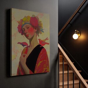 Blossom Crown Lady, Artistic Portrait View, Feather Bird Companion, Stylish Fashion Display, Vibrant Home Setting, Expressive Mood Scene