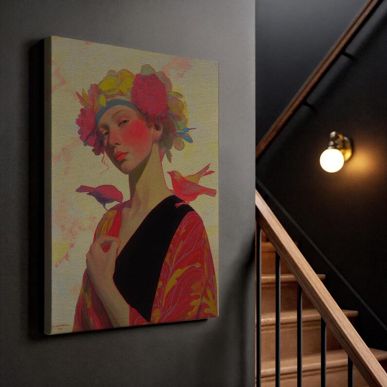 Blossom Crown Lady, Artistic Portrait View, Feather Bird Companion, Stylish Fashion Display, Vibrant Home Setting, Expressive Mood Scene