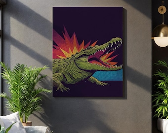 Impresión en lienzo de cocodrilo estilo pop art, decoración de pared de animales estilo cómic retro, obra de arte de caimán verde llamativo, regalo genial para espacios modernos y coloridos.