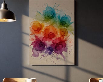 Arte de pared con salpicaduras de flores de arcoíris, estampado floral abstracto de acuarela, decoración moderna y colorida del hogar, arte botánico multicolor en lienzo.
