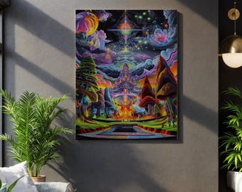 Schloss Träumerei, magisches Pilzreich, hypnotisches Neon-Panorama, traumhafte Fantasie-Aussicht, lebendiges urbanes Wunderland, kosmisches Utopie-Geschenk