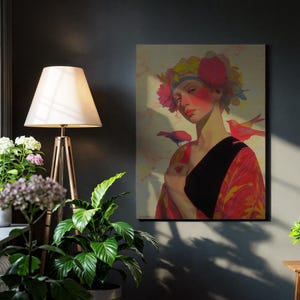 Blossom Crown Lady, Artistic Portrait View, Feather Bird Companion, Stylish Fashion Display, Vibrant Home Setting, Expressive Mood Scene