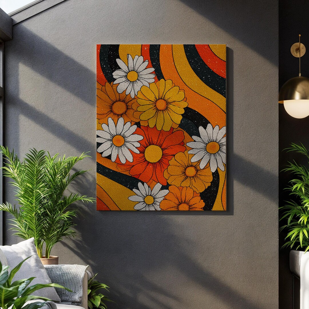 Retro Daisy Flower Power Wall Art, 70s Style Floral Canvas Print in ...