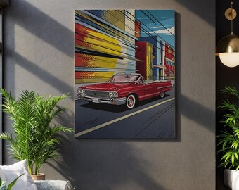 Pop Art Red Classic Car Canvas, Retro Convertible Driving Through Colorful City Street, Bold Wall Art for Garage, Bar or Modern Living Room