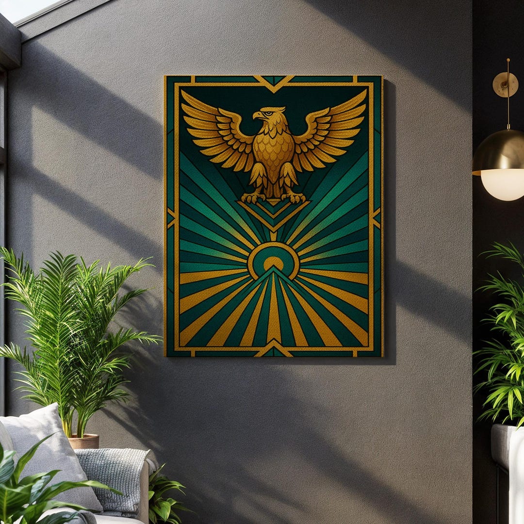 Golden Eagle Canvas Wall Art, Art Deco Symbolic Print With Emerald Rays ...