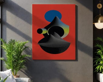 Abstract Geometric Canvas Wall Art, Bold Shapes in Black and Blue on Red, Modern Minimalist Painting Print for Modern Home or Office Decor
