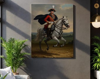 Historischer Kavallerie Kommandant Leinwand Wandkunst, königlicher Offizier zu Pferd Druck, Vintage Militär Porträtmalerei für die klassische Wandanzeige