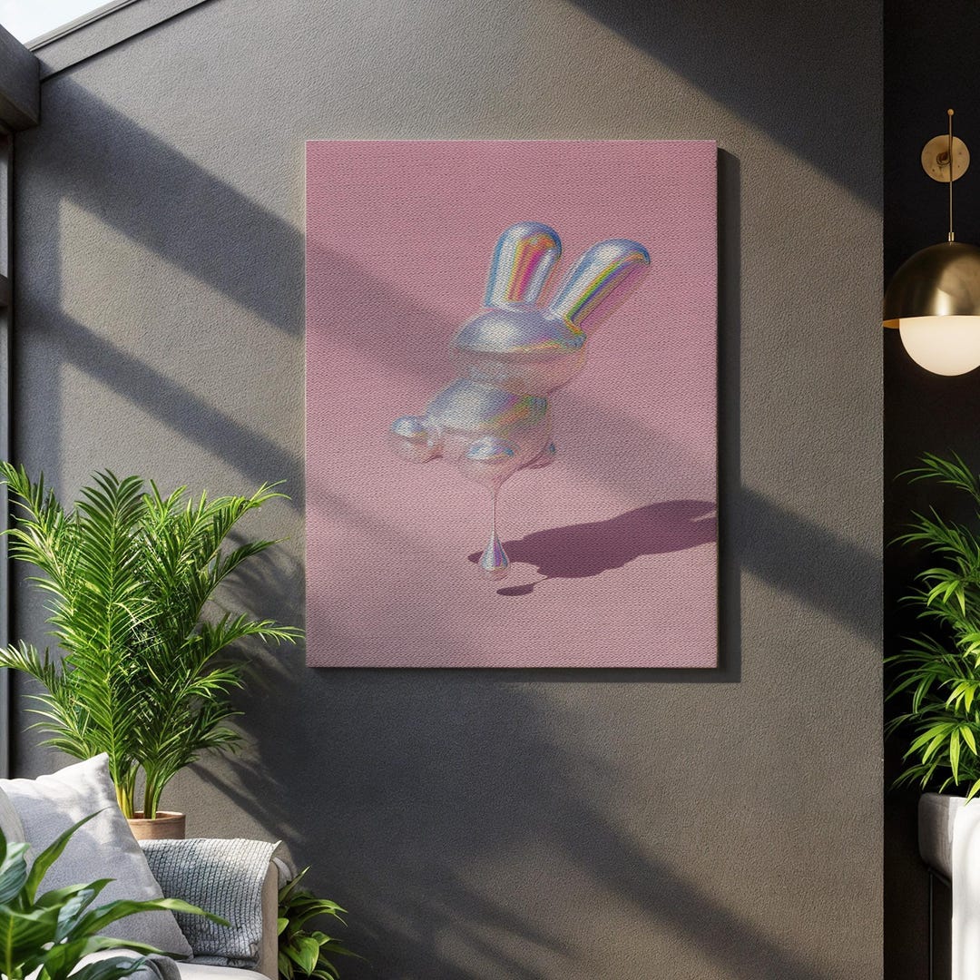 Metallic Bunny Pop Art Canvas, Chrome Rabbit Sculpture Print on Pink ...