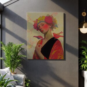 Blossom Crown Lady, Artistic Portrait View, Feather Bird Companion, Stylish Fashion Display, Vibrant Home Setting, Expressive Mood Scene