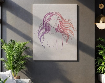 Minimalist Woman Line Art Canvas with Flowing Pink Hair, Elegant Feminine Wall Decor, Modern Framed Figurative Drawing for Stylish Interiors