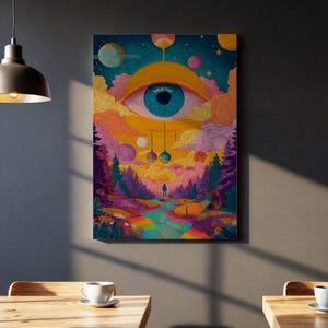 Psychedelic Eye Art, Trippy Landscape Print, Framed Surreal Canvas, All Seeing Eye Decor, Colorful Forest Painting, Mystical Wall Art