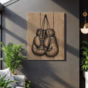 Vintage Boxing Gloves Canvas Wall Art, Rustic Sports Illustration Poster, Classic Gym and Man Cave Decor, Gift for Fighters and Boxing Fans