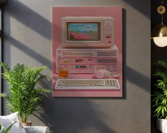 Retro Computer Wandbild, Pink Vintage PC Steamwave Druck, ästhetische Tech Nostalgie Malerei, gerahmtes digitales Era Geeky Raumdekor Geschenk