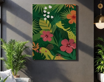 Tropical Jungle Canvas Wall Art, Exotic Hibiscus Floral Print, Lush Green Botanical Artwork for Living Room, Bedroom, or Office Decor