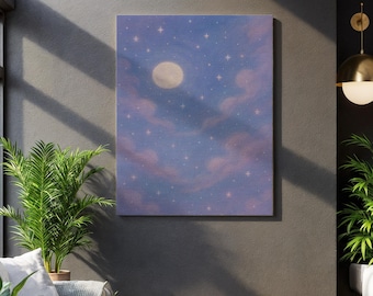 Lienzo con luna y estrellas pastel, impresión de cielo nocturno de ensueño con nubes suaves, decoración de pared celestial para habitación infantil, regalo relajante enmarcado para dormitorio.