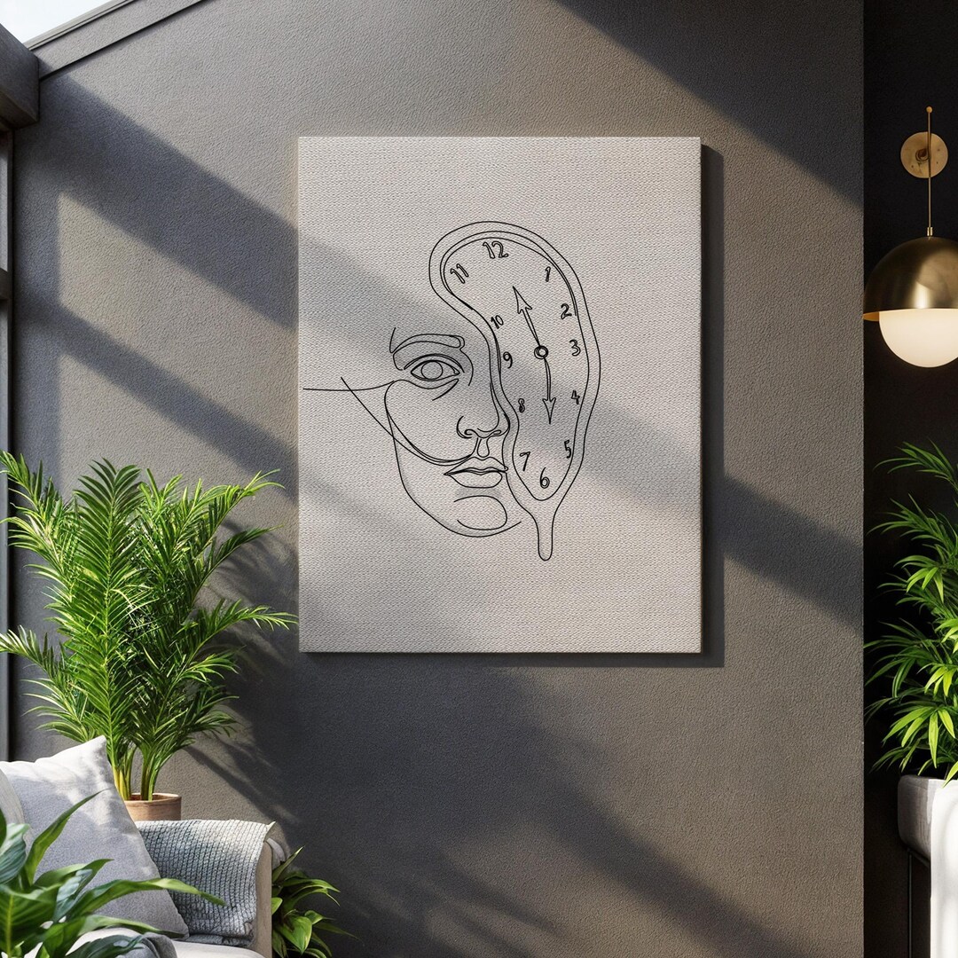 Minimalist Dali Inspired Clock Face Canvas Art, Surreal Line Drawing ...