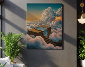 夢のような天国への階段 - シュールな油絵、浮かぶ雲と螺旋状の階段 
