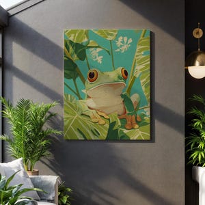 May include: A canvas print featuring a vibrant illustration of a tree frog amidst lush green foliage. The frog has large orange eyes and is set against a teal background. The artwork evokes a tropical theme, suitable for home decor.