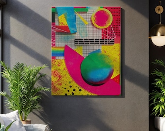 Memphis Style Abstract Wall Art, Neon Geometric Pop Canvas Print, Colorful 80s 90s Design Poster, Modern Bold Decor for Creative Interiors